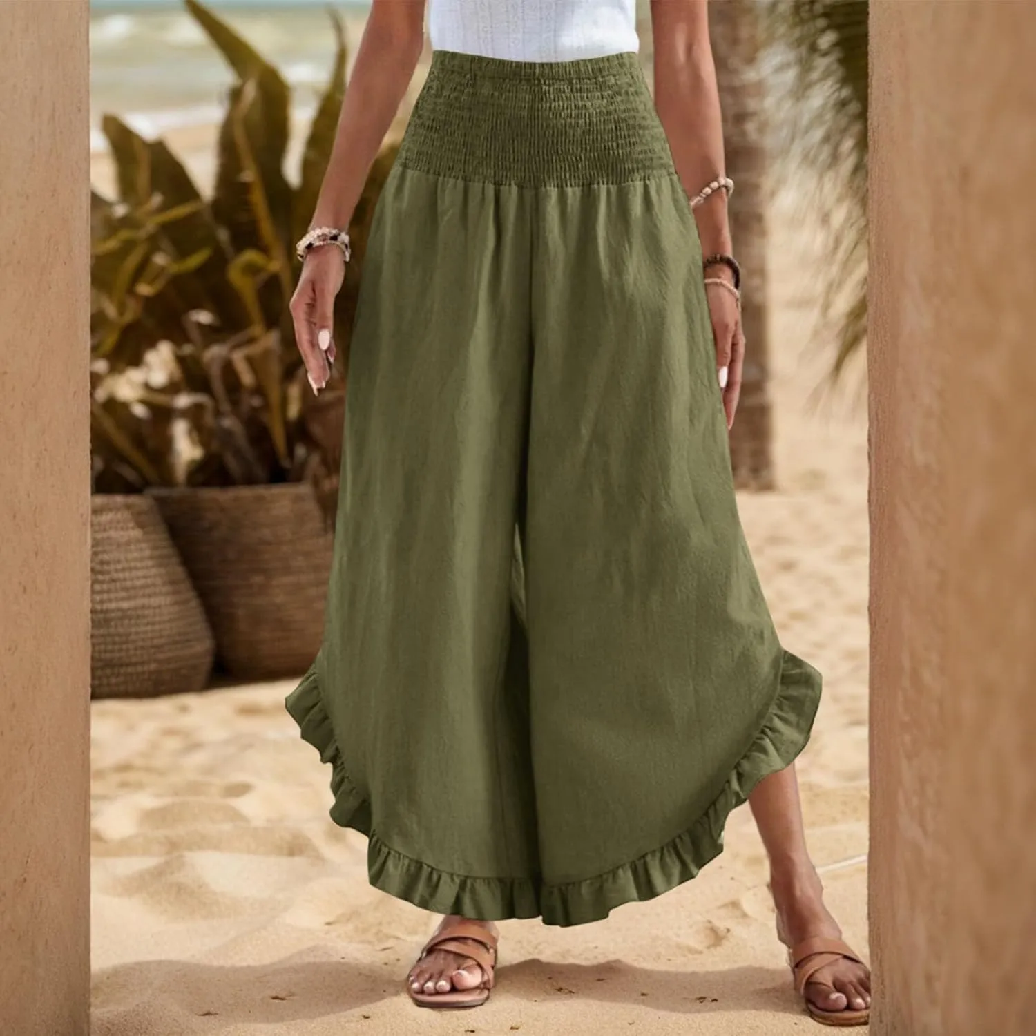 Linen Wide Leg Pants for Women Ruffle Hem Vacation Beach Pants with Pockets Comfy Smocked High Waisted Dance Pants