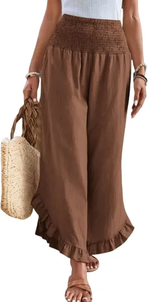 Linen Wide Leg Pants for Women Ruffle Hem Vacation Beach Pants with Pockets Comfy Smocked High Waisted Dance Pants