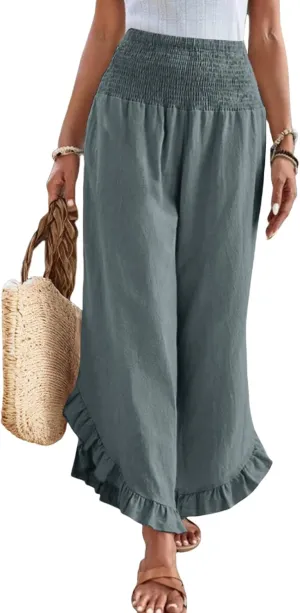 Linen Wide Leg Pants for Women Ruffle Hem Vacation Beach Pants with Pockets Comfy Smocked High Waisted Dance Pants