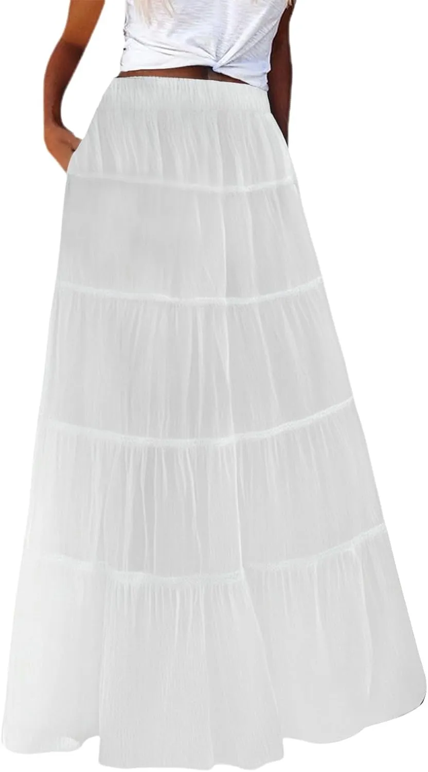 Long Skirts for Women Boho Maxi Skirt Summer Swing Tiered A-Line Elastic High Waist Dress with Pockets