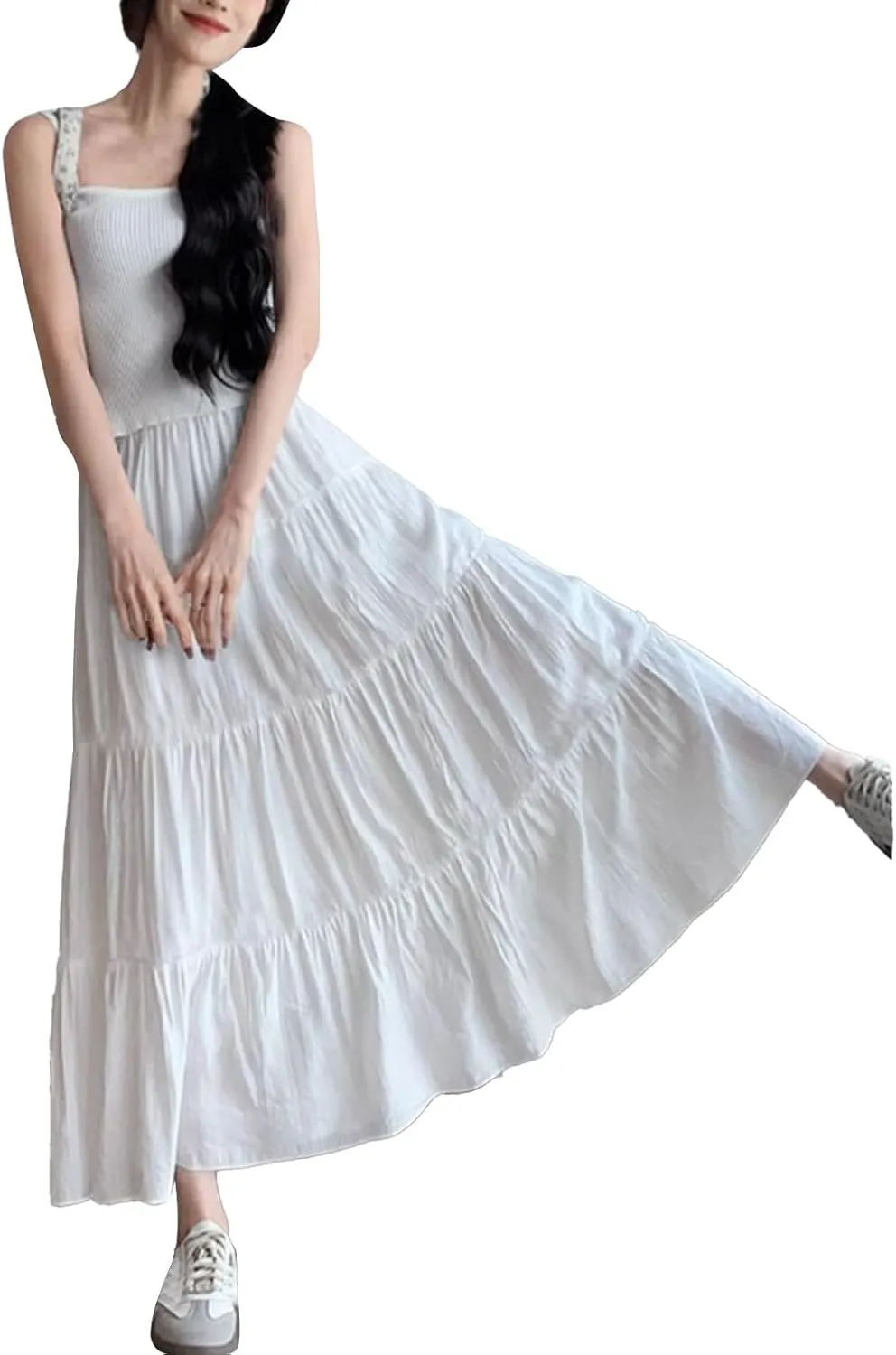 Long Skirts for Women Boho Maxi Skirt Summer Swing Tiered A-Line Elastic High Waist Dress with Pockets