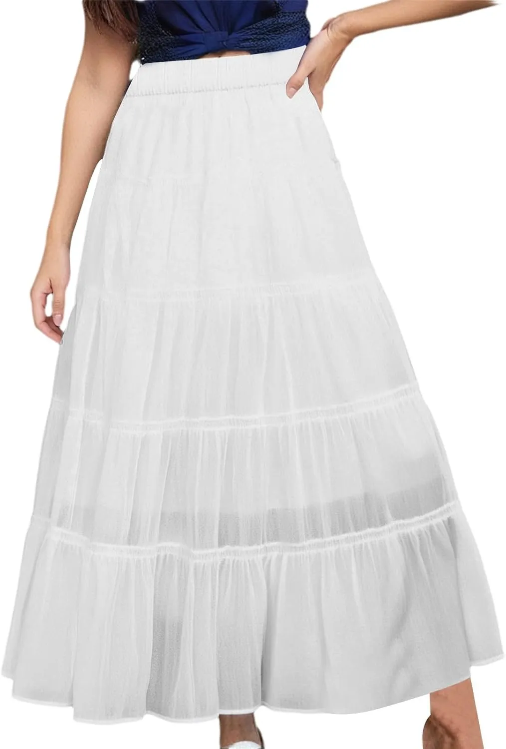 Long Skirts for Women Boho Maxi Skirt Summer Swing Tiered A-Line Elastic High Waist Dress with Pockets