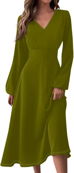 Long Sleeve Dresses for Wedding Guest Women Fall Wrap V Neck Ruffle Belted A-Line Flowy Midi Dresses