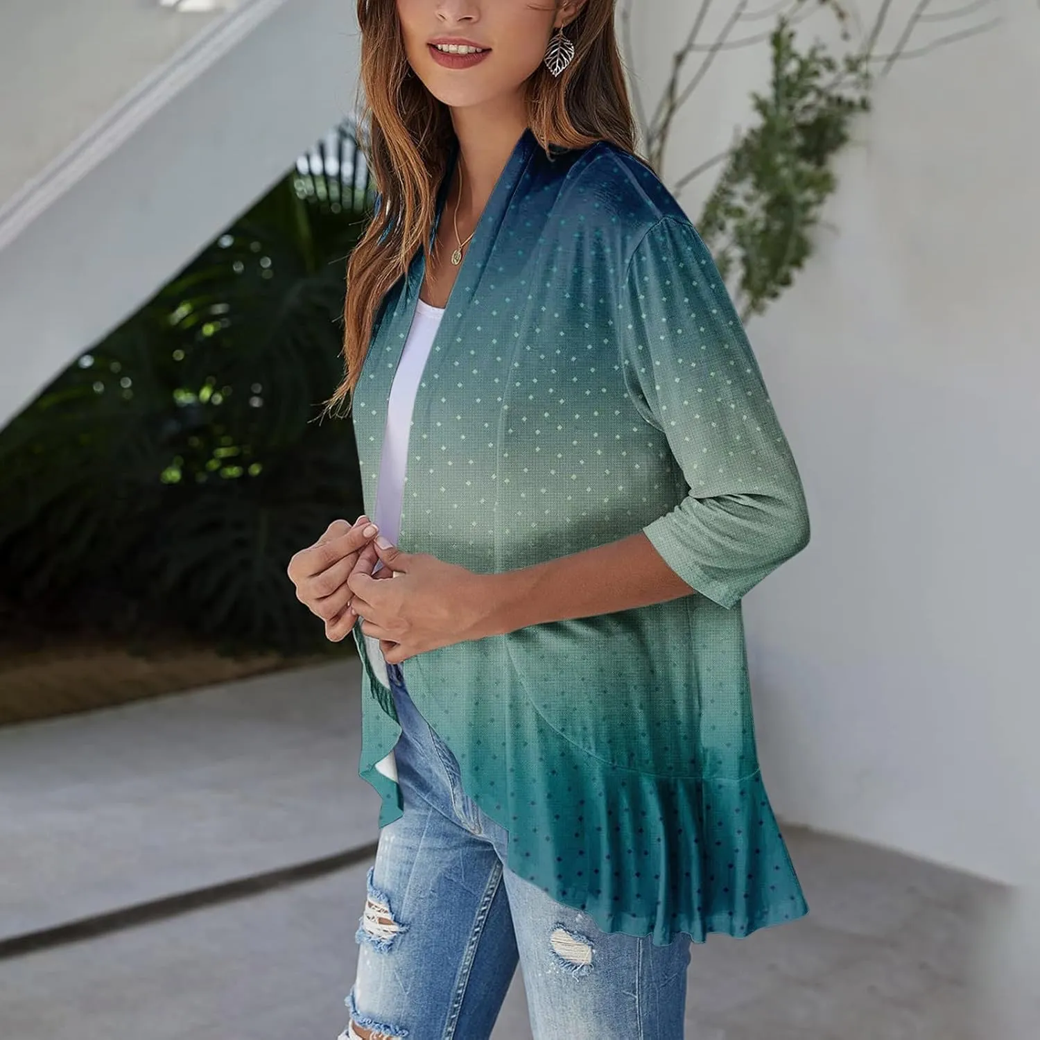 Long Sleeve Kimono for Womens Lightweight 3/4 Sleeve Cardigans Retro Print Jackets Casual Duster Blouse Tops Coat