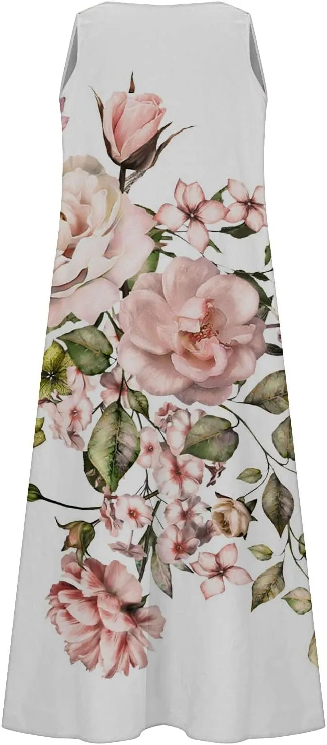 Long Summer Dresses for Women Women's Summer Cotton and Round Neck Sleeveless Pocket Retro Floral Breathable Dress