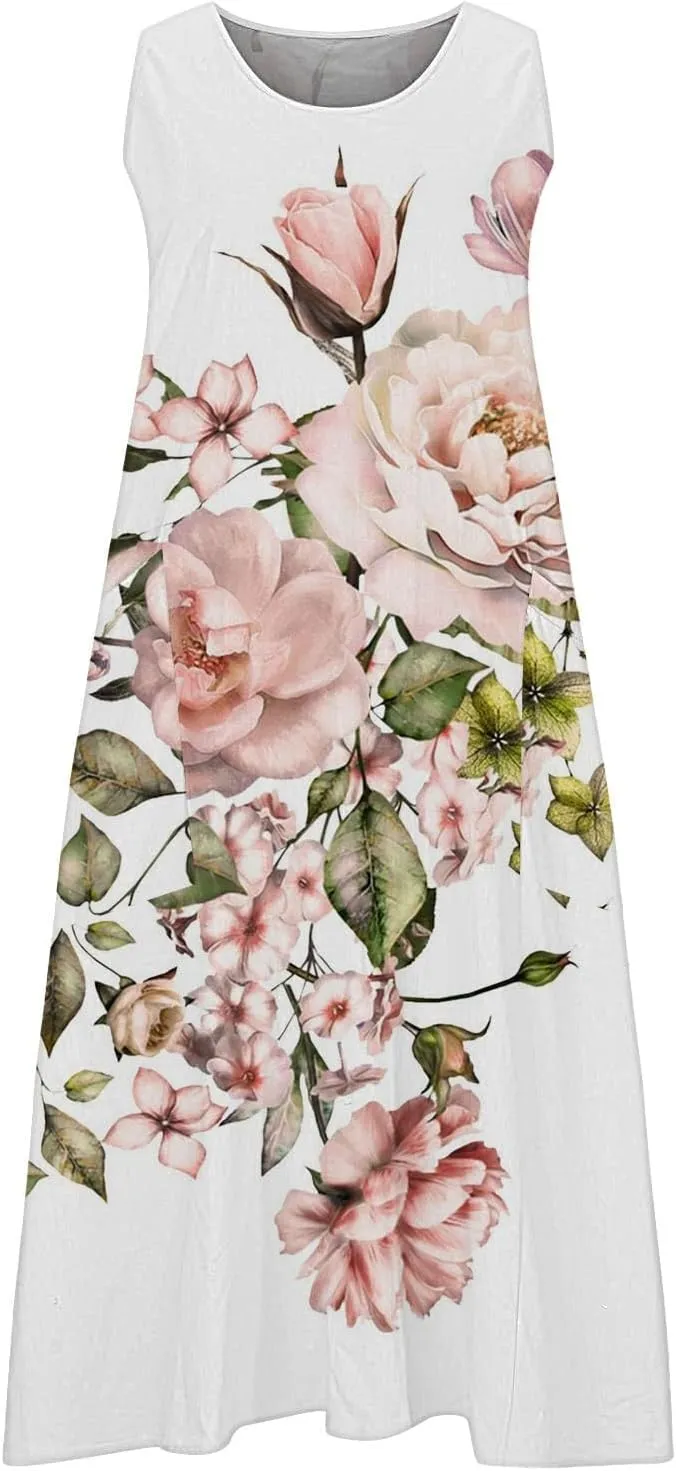 Long Summer Dresses for Women Women's Summer Cotton and Round Neck Sleeveless Pocket Retro Floral Breathable Dress