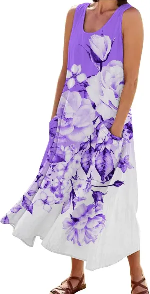 Long Summer Dresses for Women Women's Summer Cotton and Round Neck Sleeveless Pocket Retro Floral Breathable Dress