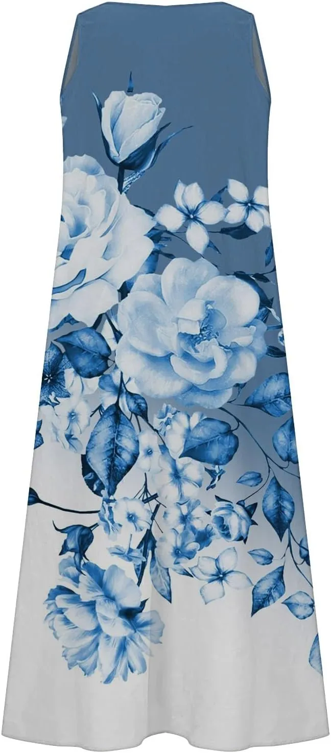 Long Summer Dresses for Women Women's Summer Cotton and Round Neck Sleeveless Pocket Retro Floral Breathable Dress