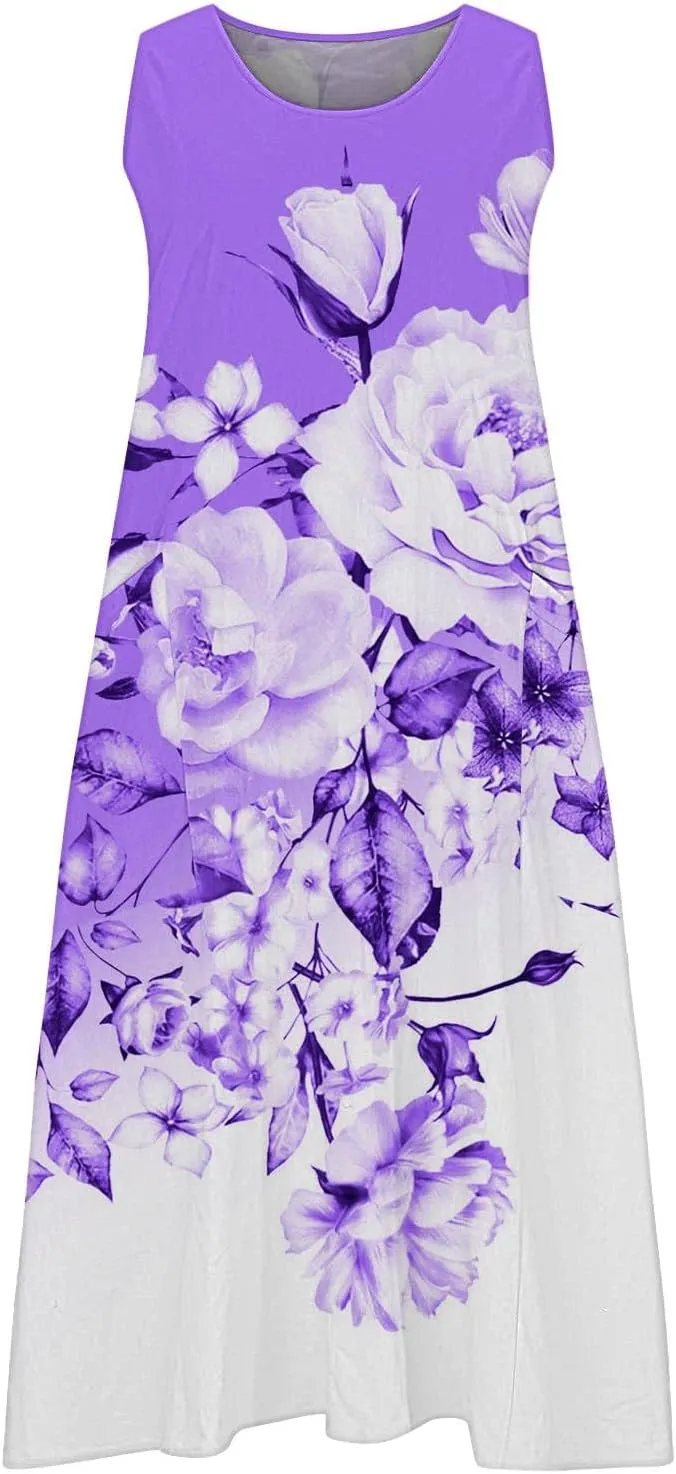 Long Summer Dresses for Women Women's Summer Cotton and Round Neck Sleeveless Pocket Retro Floral Breathable Dress