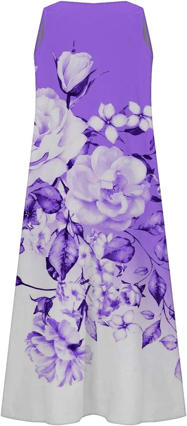 Long Summer Dresses for Women Women's Summer Cotton and Round Neck Sleeveless Pocket Retro Floral Breathable Dress