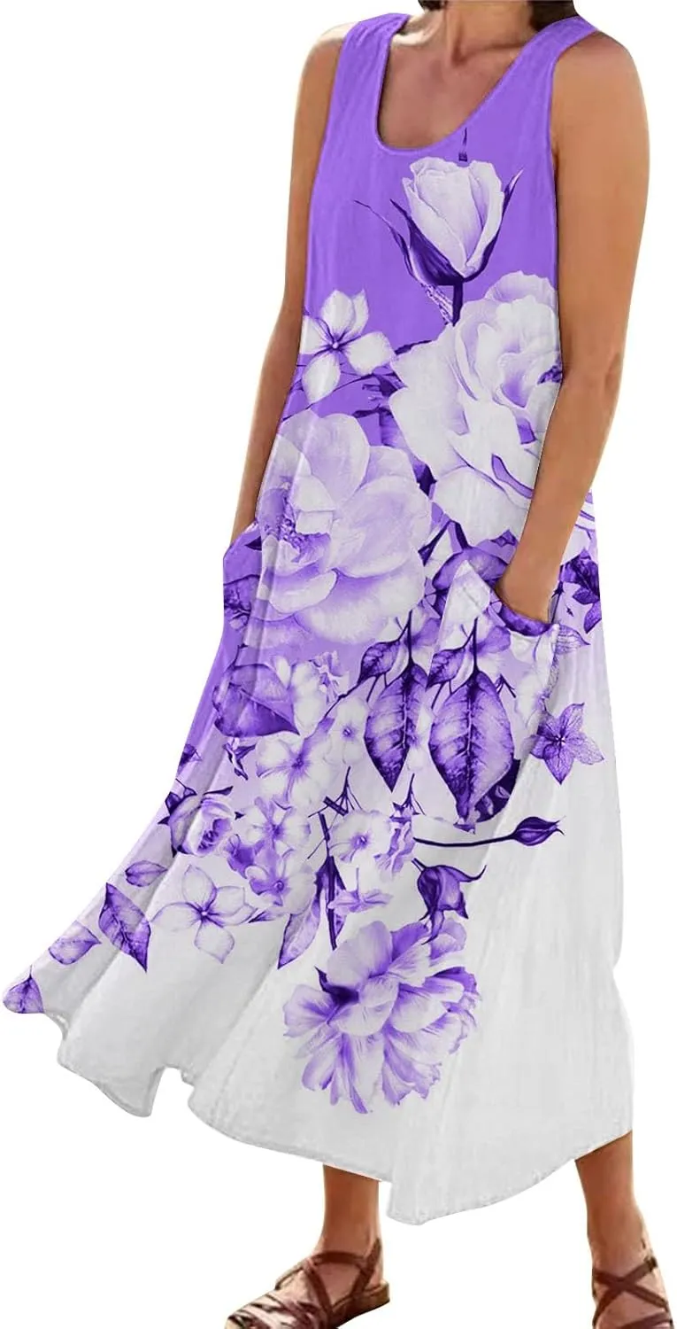 Long Summer Dresses for Women Women's Summer Cotton and Round Neck Sleeveless Pocket Retro Floral Breathable Dress