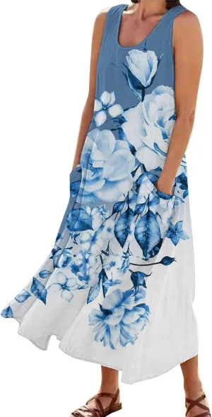 Long Summer Dresses for Women Women's Summer Cotton and Round Neck Sleeveless Pocket Retro Floral Breathable Dress