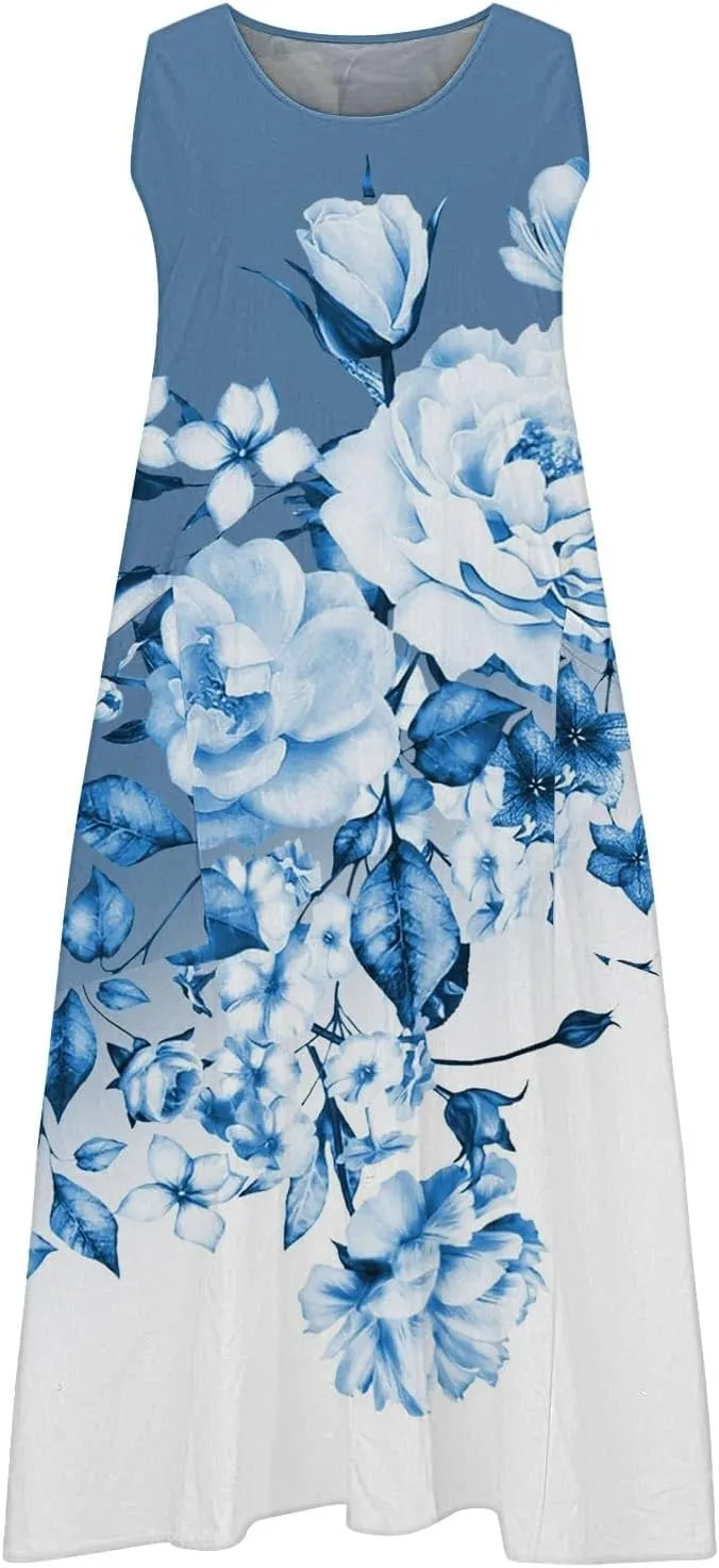 Long Summer Dresses for Women Women's Summer Cotton and Round Neck Sleeveless Pocket Retro Floral Breathable Dress