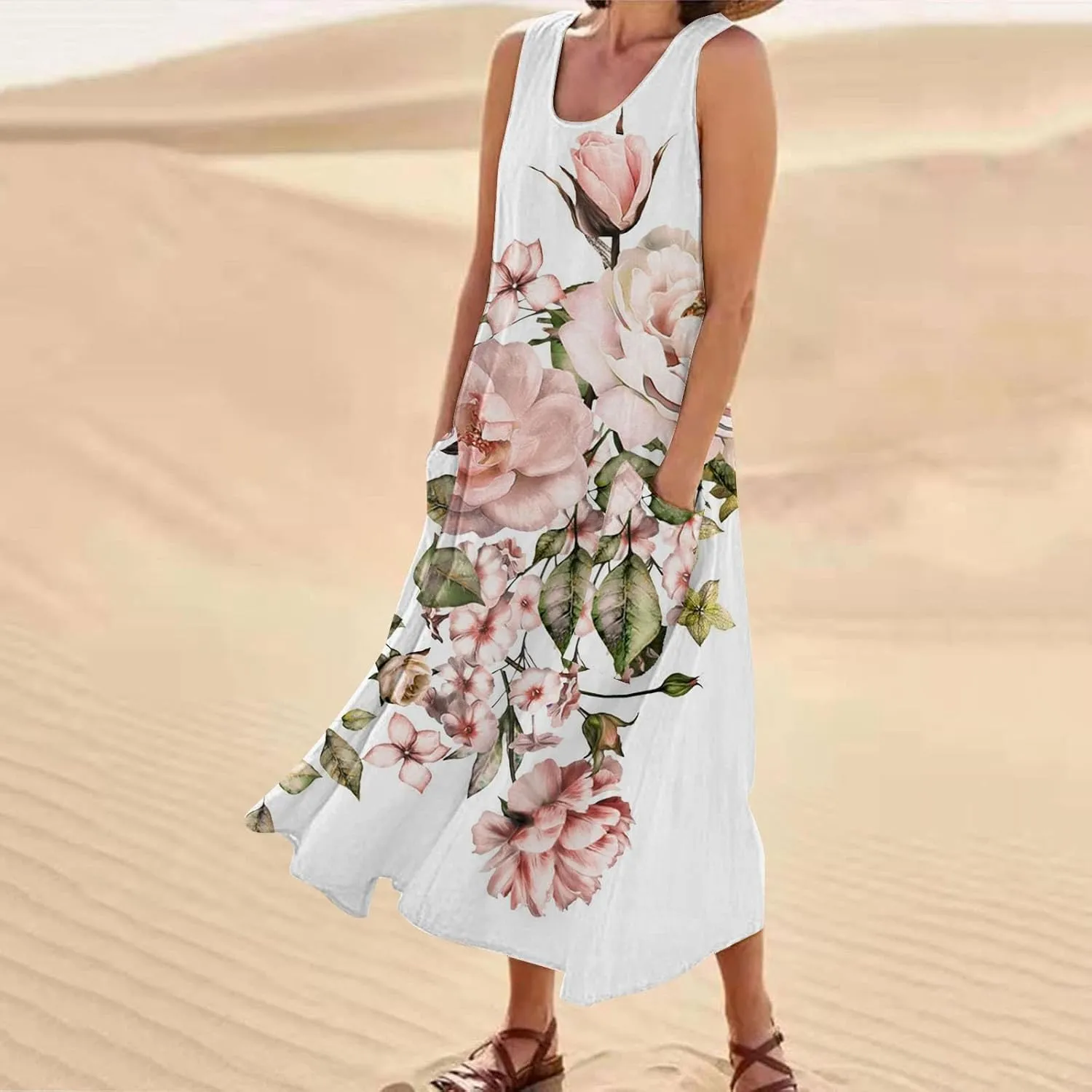 Long Summer Dresses for Women Women's Summer Cotton and Round Neck Sleeveless Pocket Retro Floral Breathable Dress