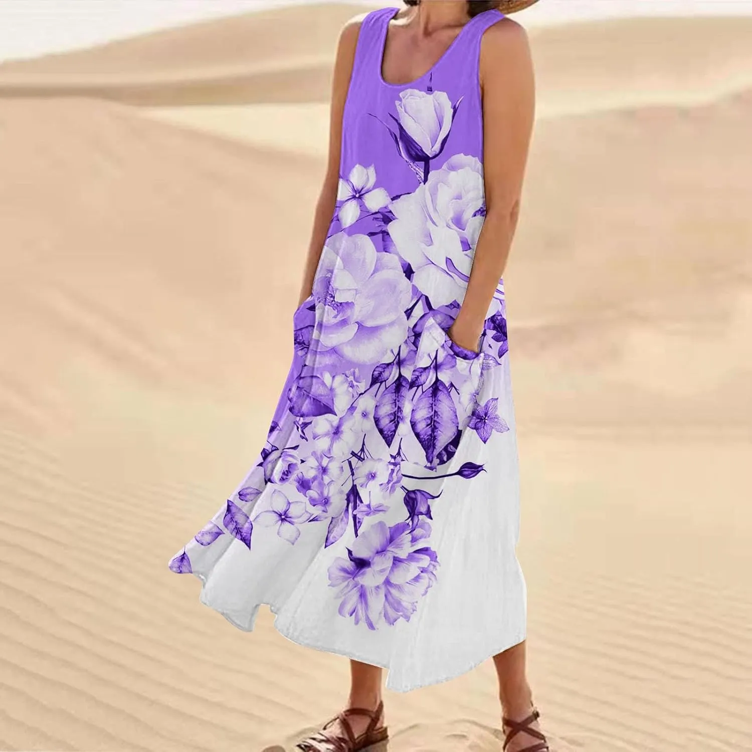 Long Summer Dresses for Women Women's Summer Cotton and Round Neck Sleeveless Pocket Retro Floral Breathable Dress