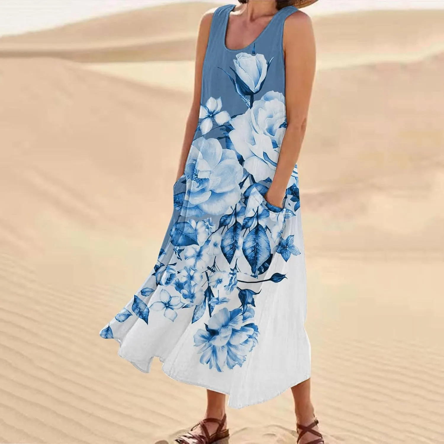 Long Summer Dresses for Women Women's Summer Cotton and Round Neck Sleeveless Pocket Retro Floral Breathable Dress