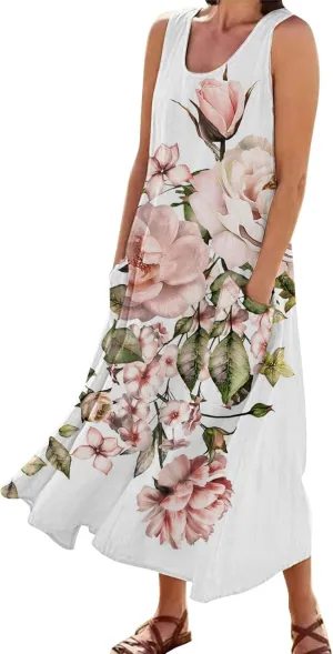 Long Summer Dresses for Women Women's Summer Cotton and Round Neck Sleeveless Pocket Retro Floral Breathable Dress
