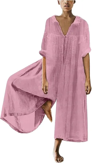 Loose Fit Pants for Women Fall Summer Linen Straight Leg Plain Long Leg Overalls Pants Rompers Women 2024 Fashion