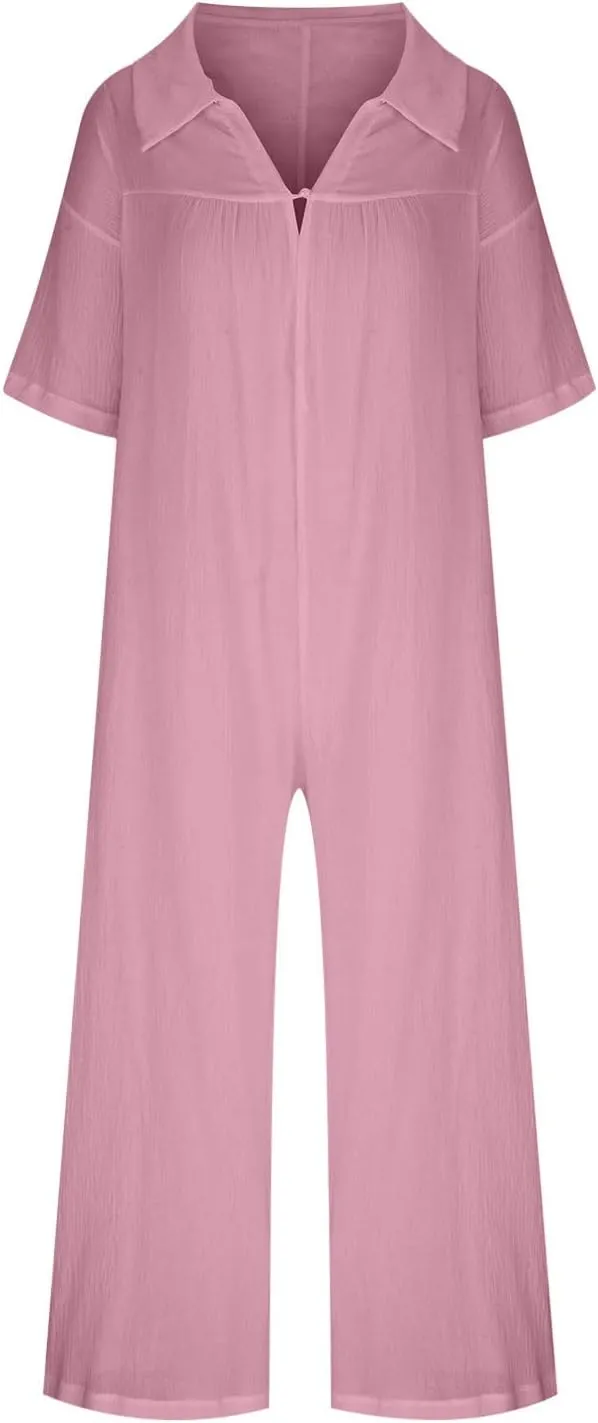 Loose Fit Pants for Women Fall Summer Linen Straight Leg Plain Long Leg Overalls Pants Rompers Women 2024 Fashion