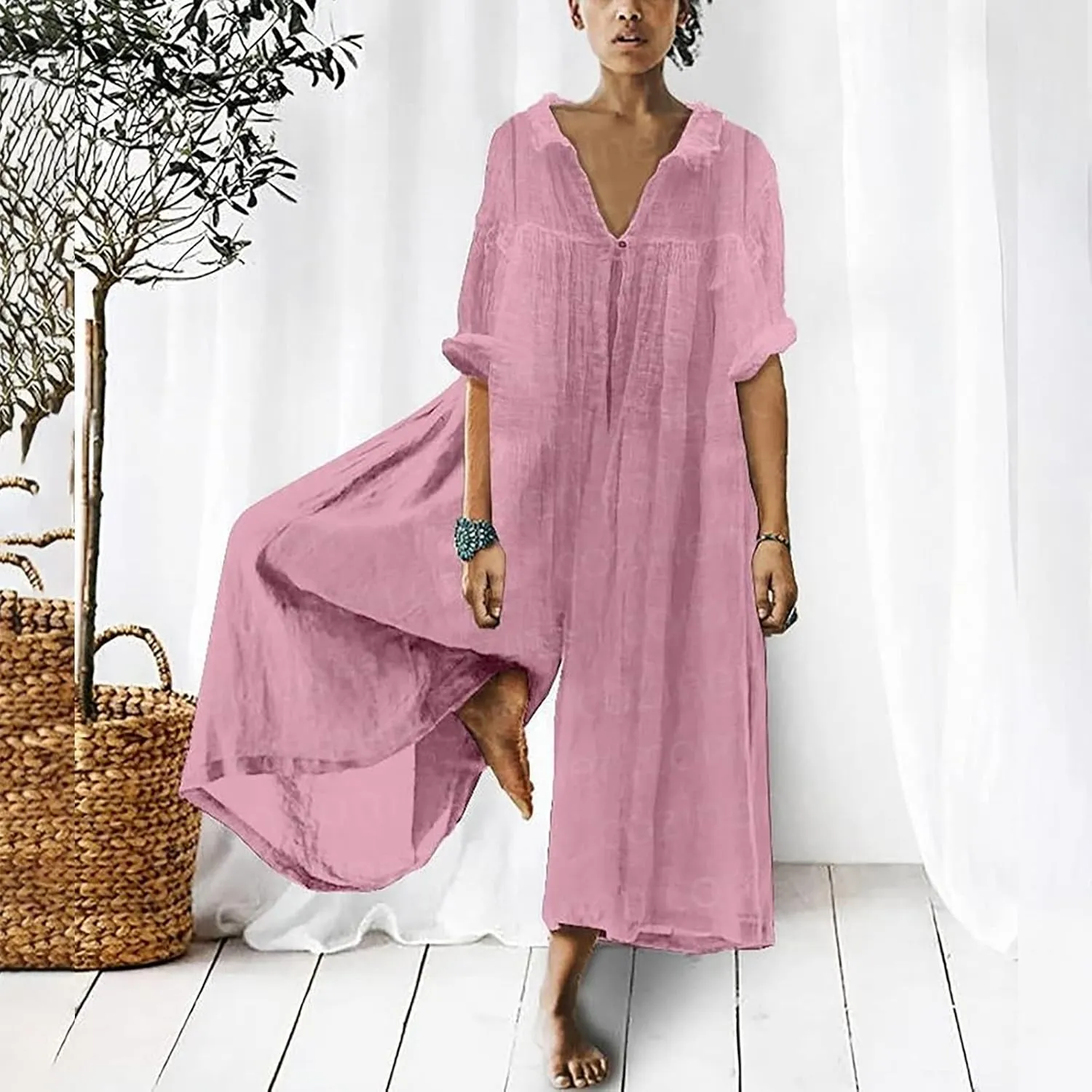 Loose Fit Pants for Women Fall Summer Linen Straight Leg Plain Long Leg Overalls Pants Rompers Women 2024 Fashion