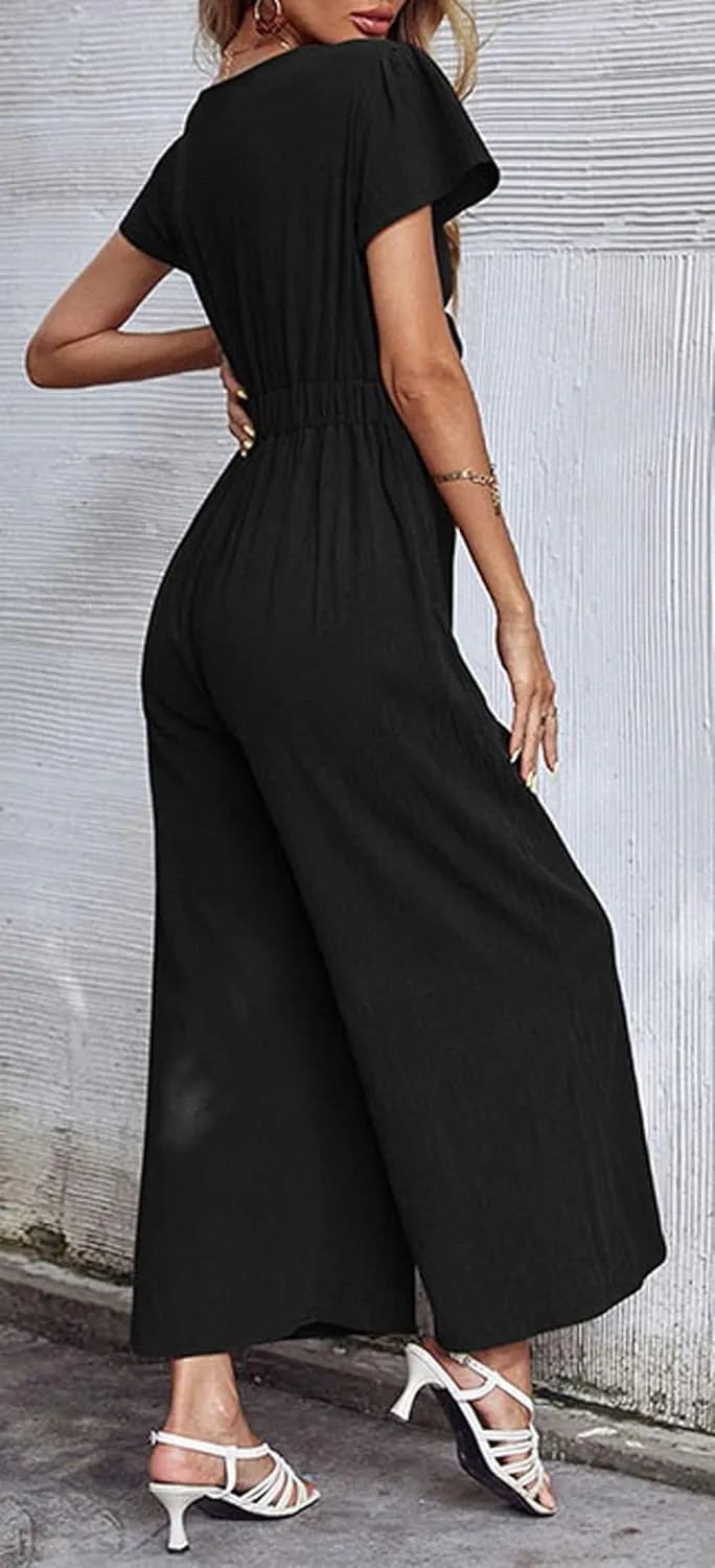 loveimgs Women's Short Sleeve Wrinkled Ice Silk Wide Leg Jumpsuit Tie Knot Cropped Palazzo Pants Romper