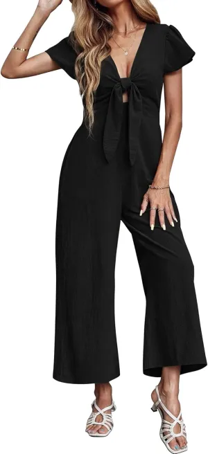 loveimgs Women's Short Sleeve Wrinkled Ice Silk Wide Leg Jumpsuit Tie Knot Cropped Palazzo Pants Romper