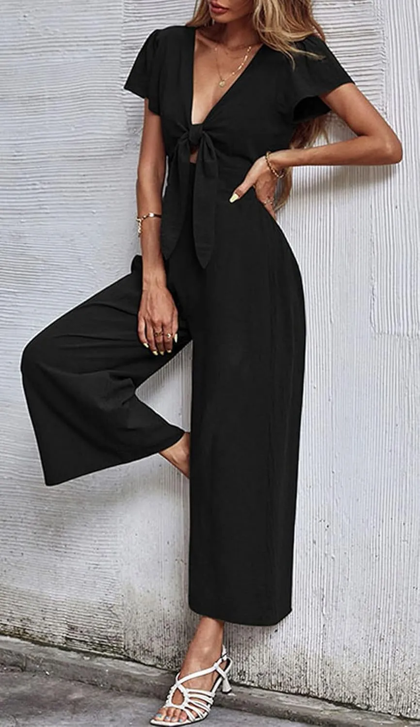 loveimgs Women's Short Sleeve Wrinkled Ice Silk Wide Leg Jumpsuit Tie Knot Cropped Palazzo Pants Romper