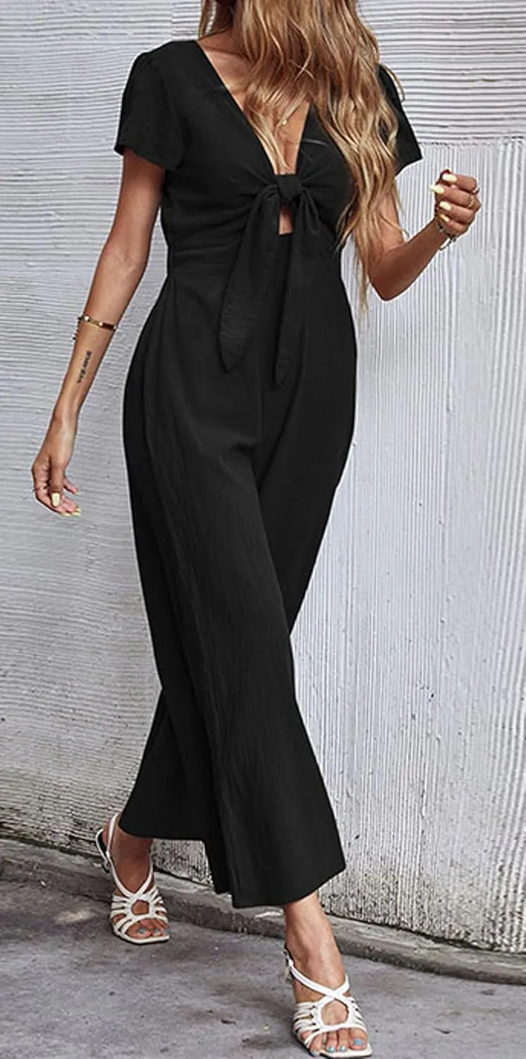 loveimgs Women's Short Sleeve Wrinkled Ice Silk Wide Leg Jumpsuit Tie Knot Cropped Palazzo Pants Romper