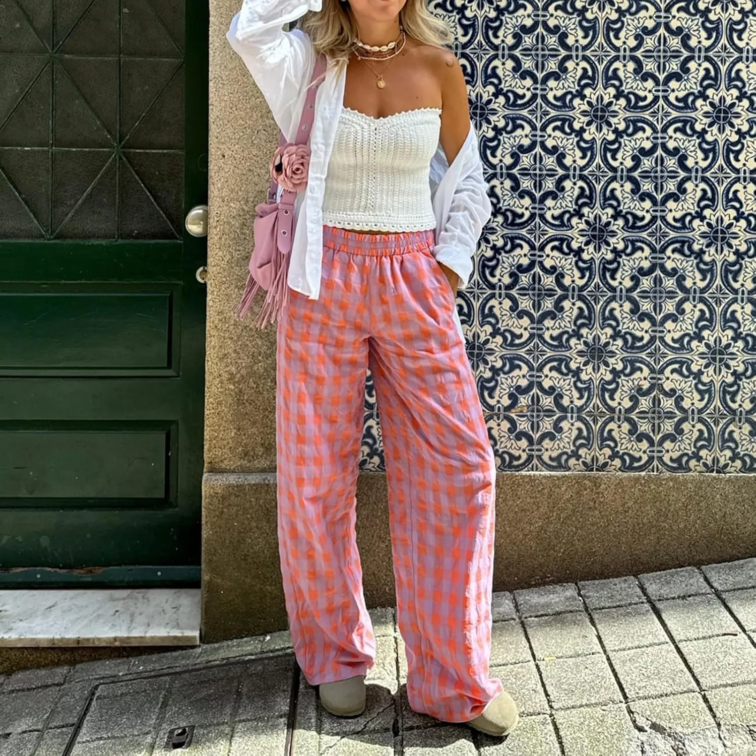 Luckinbaby Women Y2K Checkered Wide Leg Pants Elastic Waist Gingham Lounge Trousers Streetwear 90s Joggers Sweatpants
