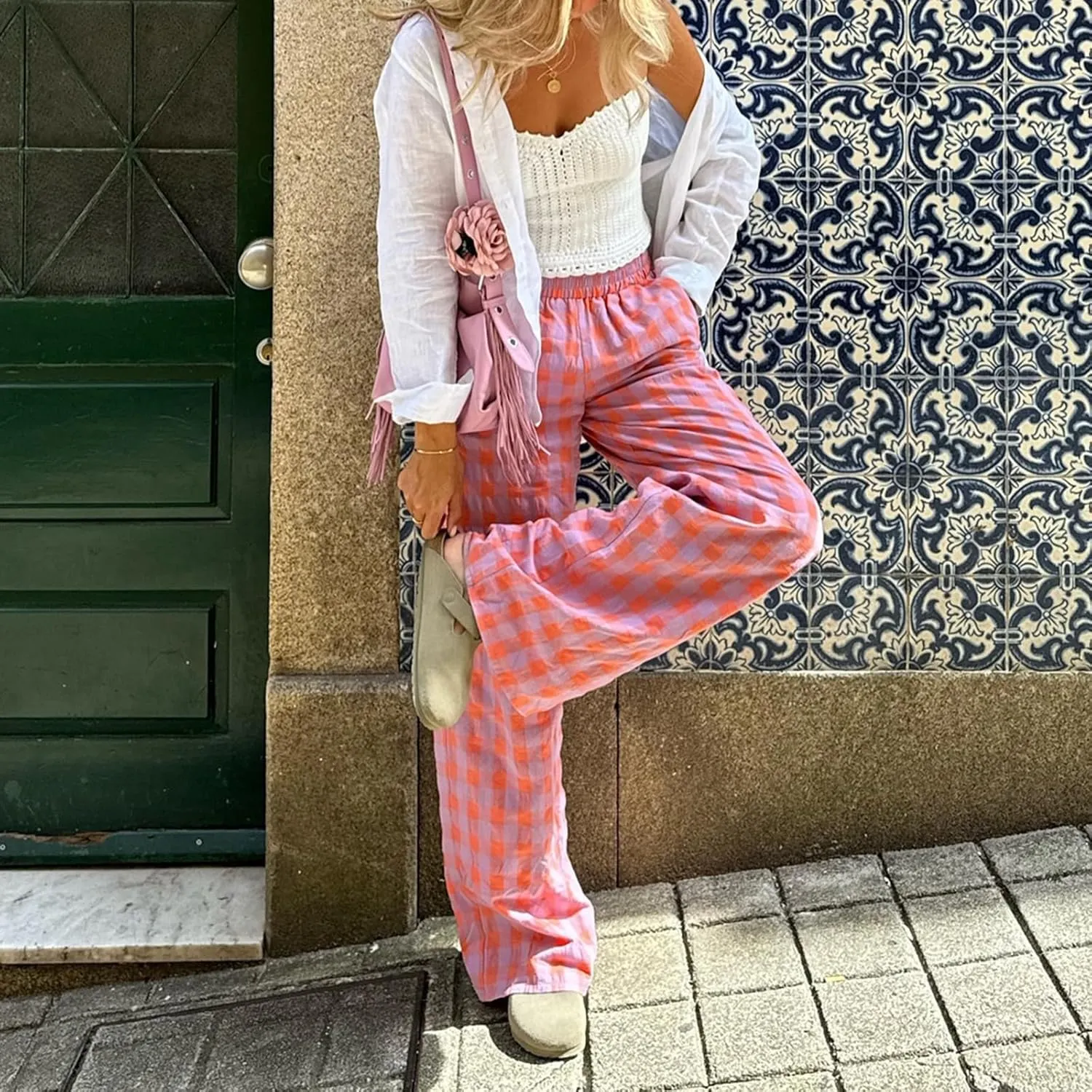Luckinbaby Women Y2K Checkered Wide Leg Pants Elastic Waist Gingham Lounge Trousers Streetwear 90s Joggers Sweatpants