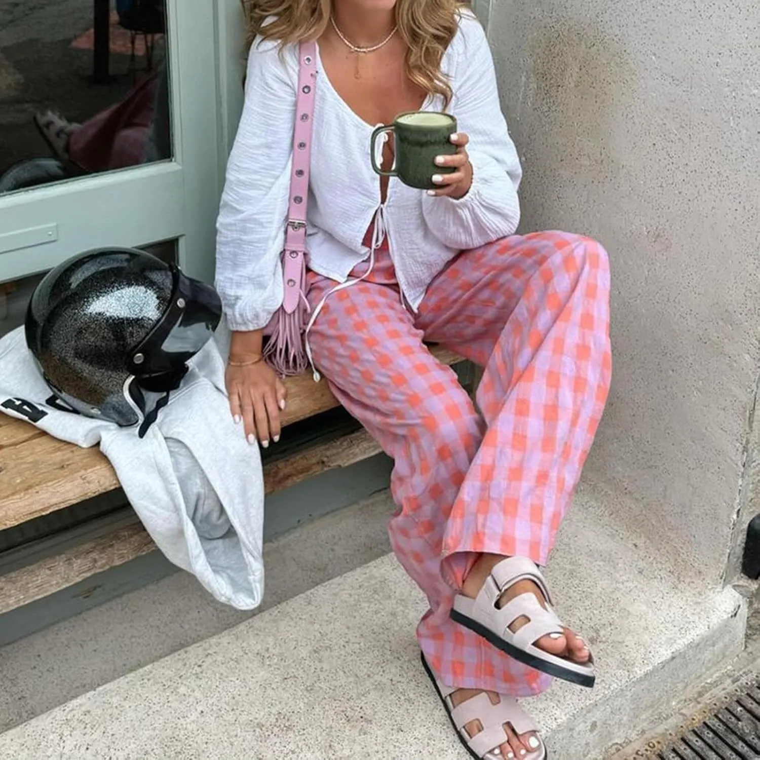Luckinbaby Women Y2K Checkered Wide Leg Pants Elastic Waist Gingham Lounge Trousers Streetwear 90s Joggers Sweatpants