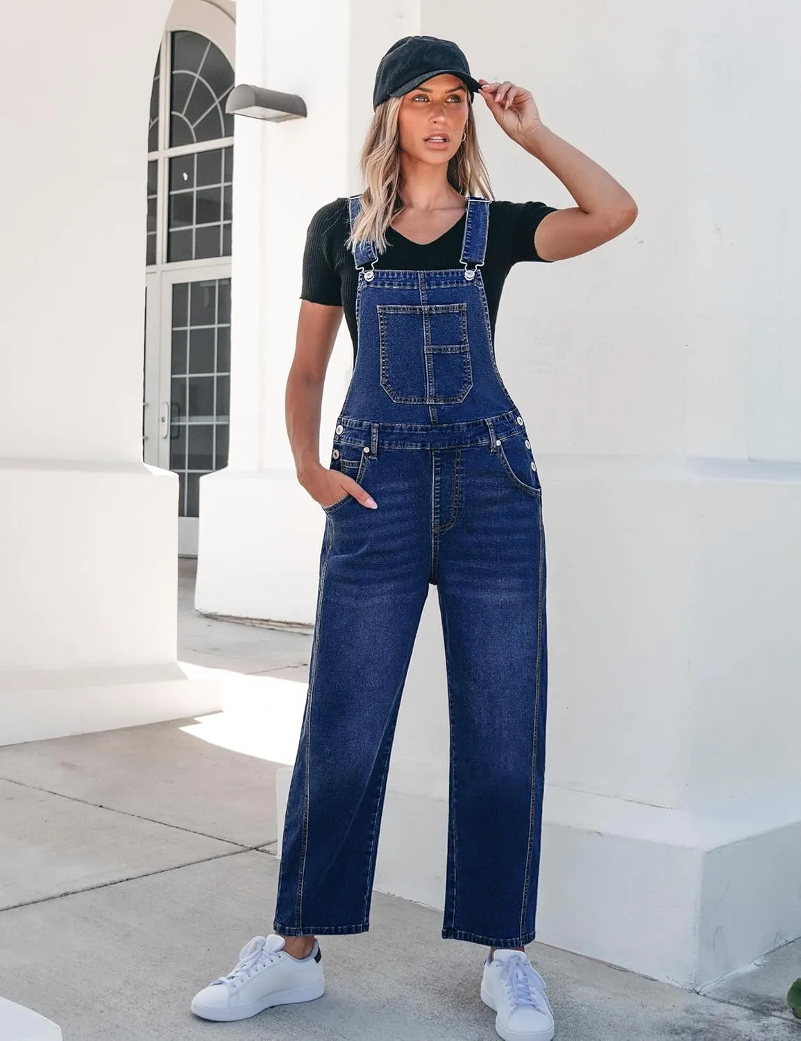 luvamia Barrel Leg Overalls for Women Baggy Bib Stretchy Denim Jumpsuit Loose Fit Jean Overall Jumpsuits with Pockets