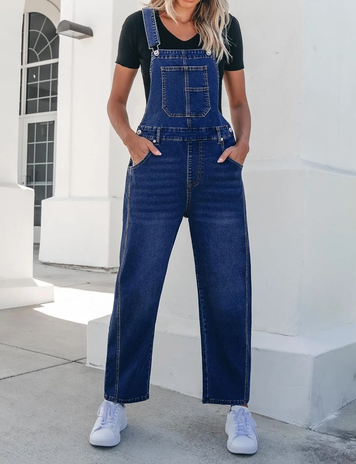 luvamia Barrel Leg Overalls for Women Baggy Bib Stretchy Denim Jumpsuit Loose Fit Jean Overall Jumpsuits with Pockets