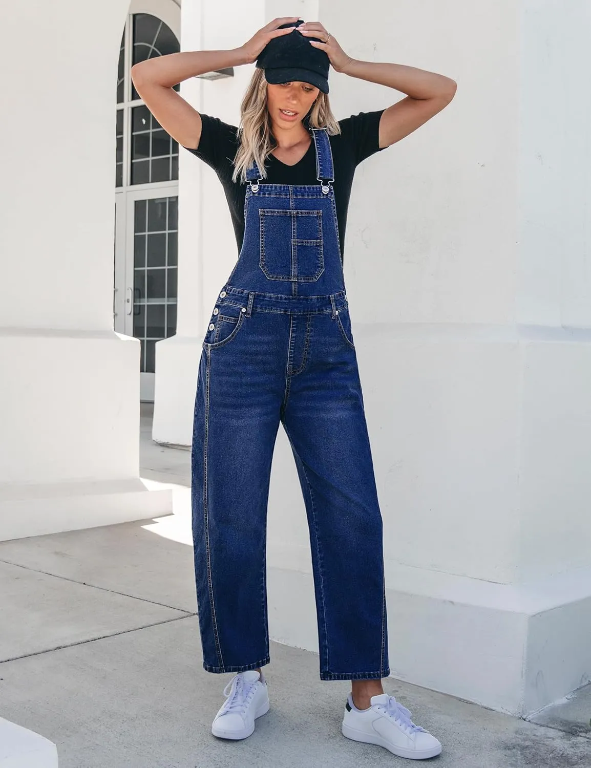 luvamia Barrel Leg Overalls for Women Baggy Bib Stretchy Denim Jumpsuit Loose Fit Jean Overall Jumpsuits with Pockets