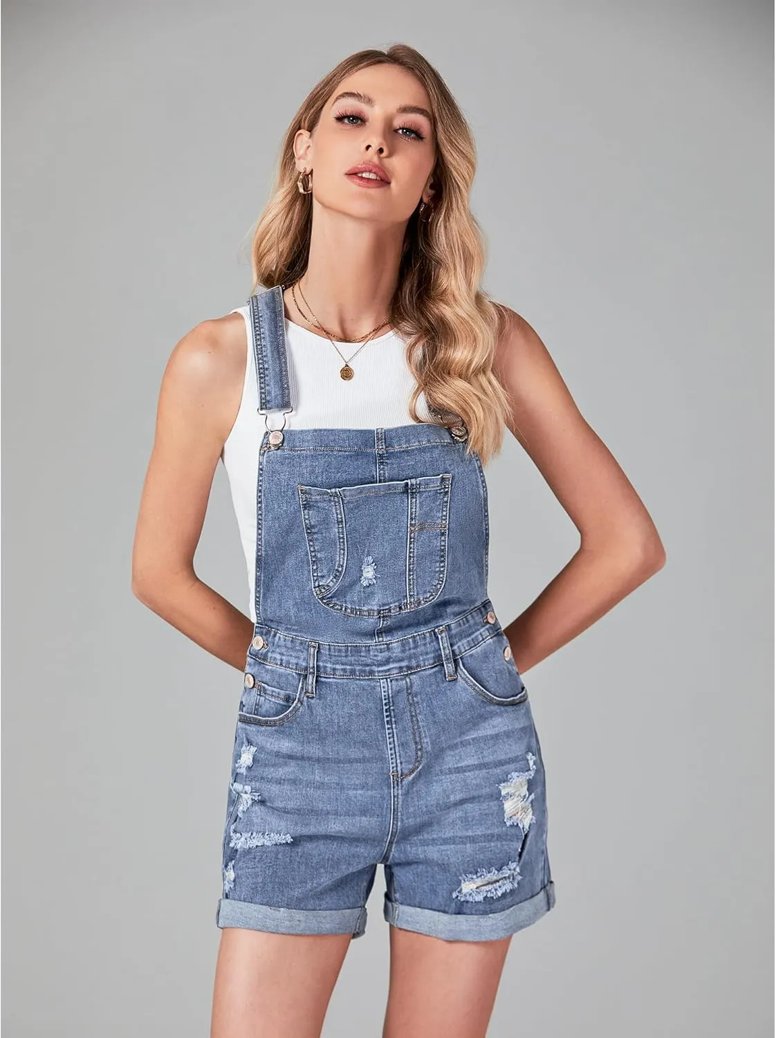luvamia Women's Ripped Short Overalls Adjustable Denim Bib Overall Shorts Romper