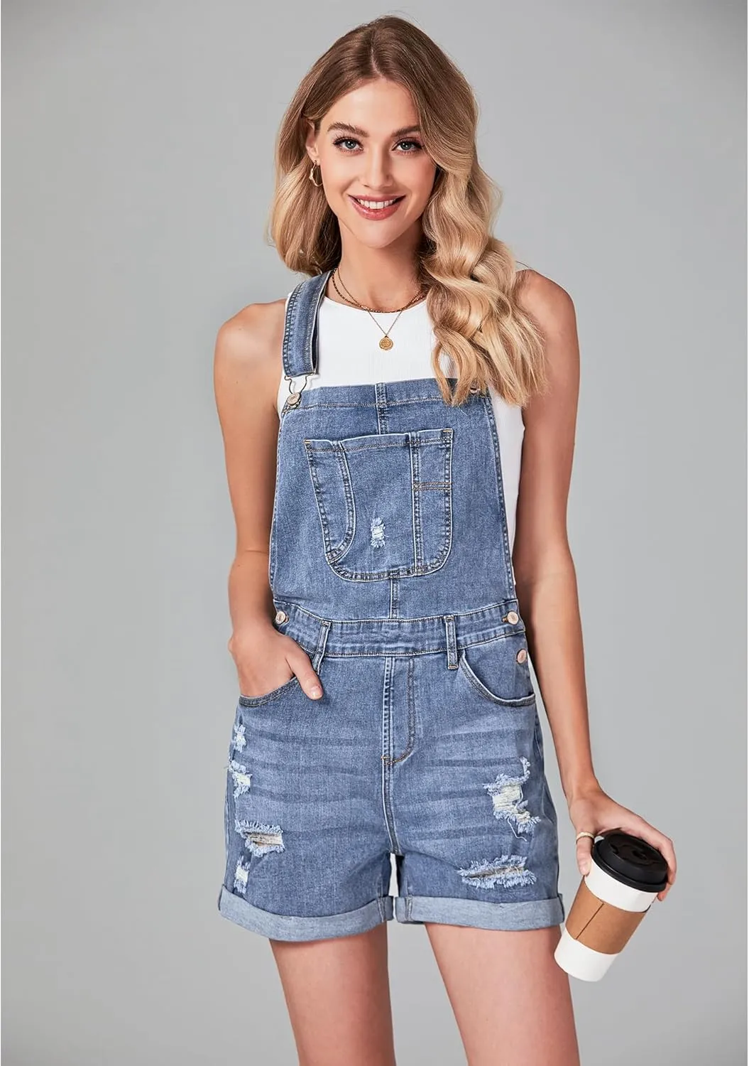 luvamia Women's Ripped Short Overalls Adjustable Denim Bib Overall Shorts Romper