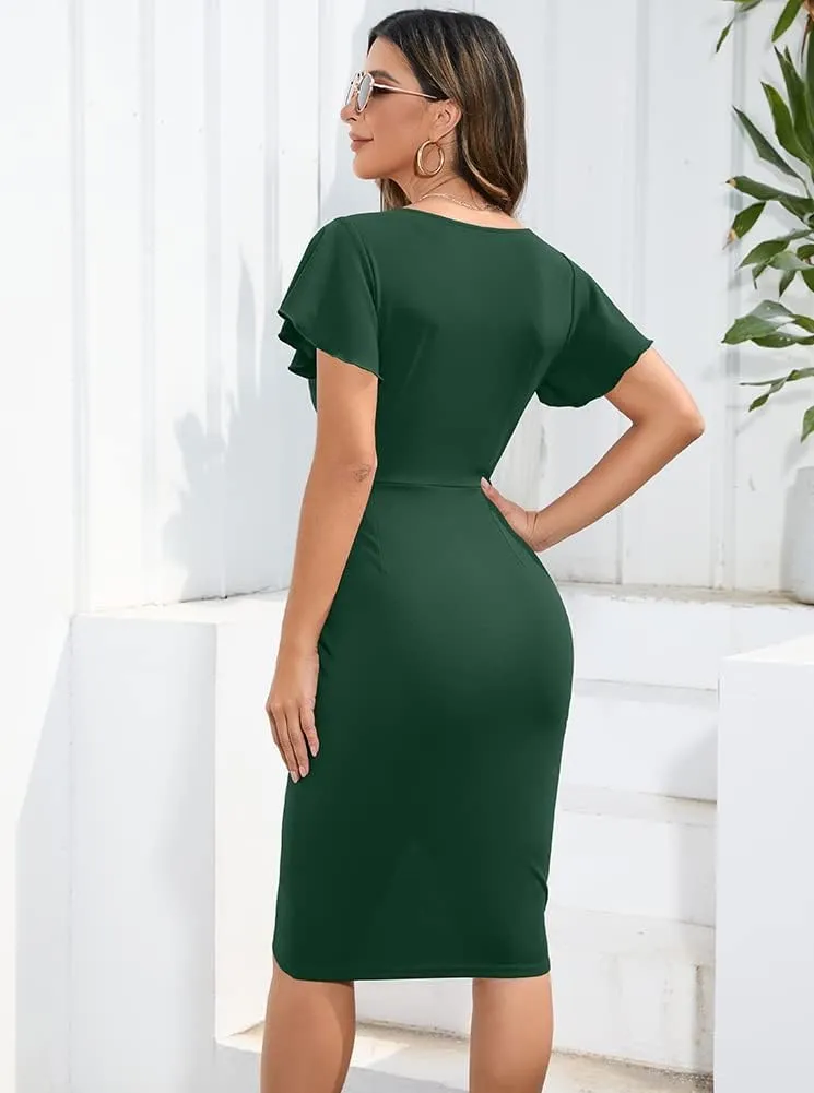 Machico 2025 Women's Sexy V Neck Ruffle Sleeve Faux Wrap Ruched Bodycon Sheath Cocktail Party Work Dress