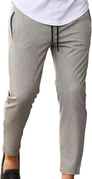 Maiyifu-GJ Men's Elastic Waist Dress Pants Drawstring Loose Bussiness Chino Pant Solid Flat Front Soft Tapered Trousers