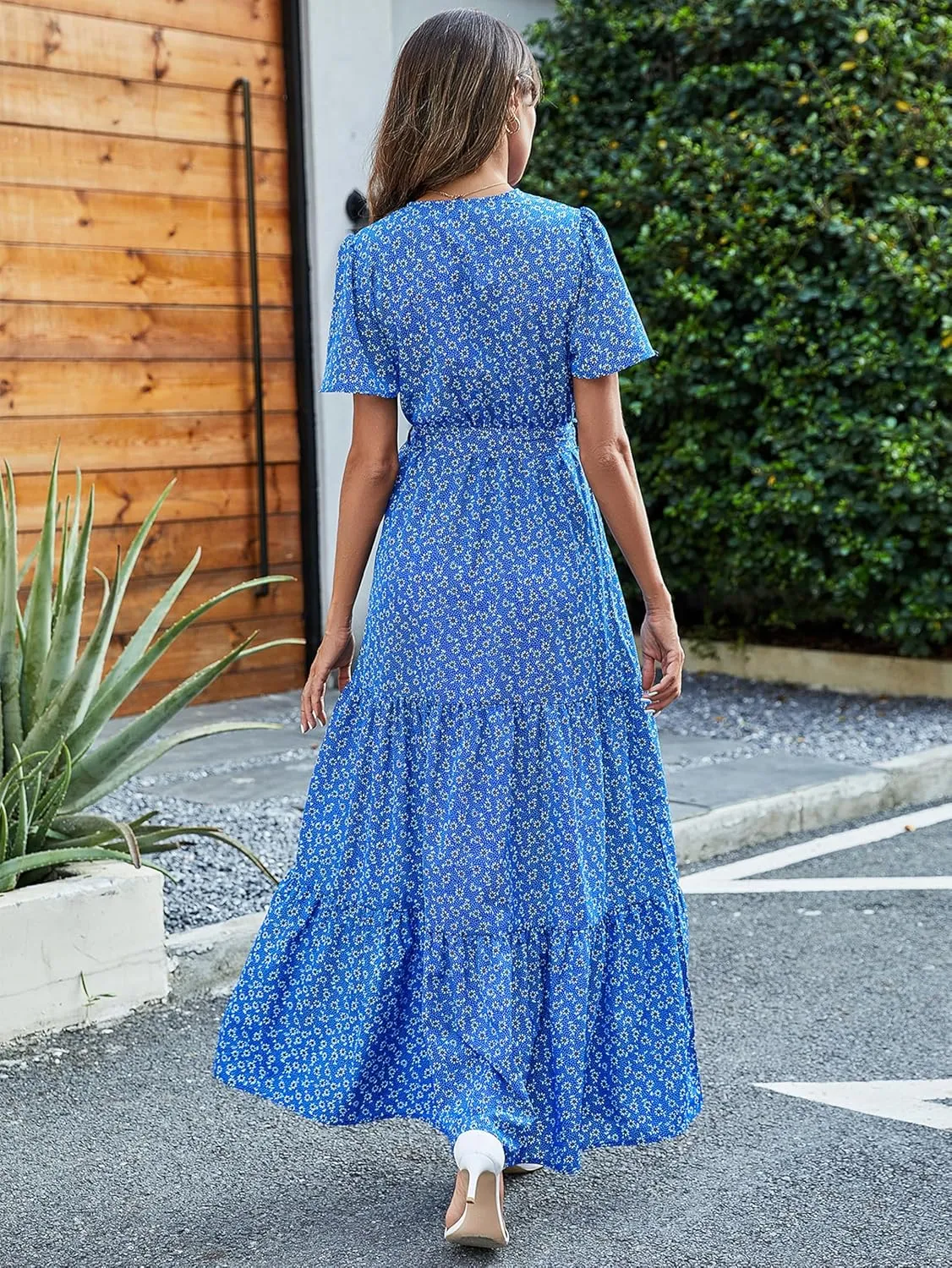 MASCOMODA Womens Boho Swiss Dot Maxi Dresses Wrap V Neck Flutter Short Sleeve Solid Tie Belt A Line Tiered Flowy Long Dress