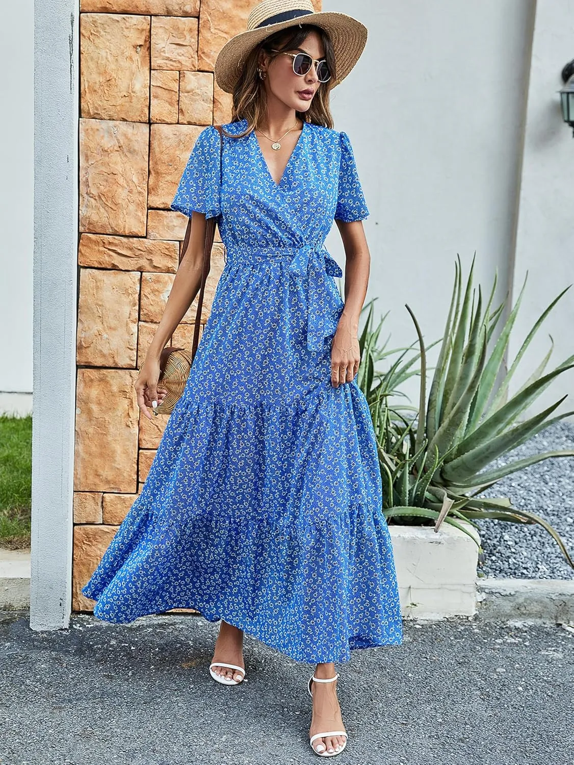 MASCOMODA Womens Boho Swiss Dot Maxi Dresses Wrap V Neck Flutter Short Sleeve Solid Tie Belt A Line Tiered Flowy Long Dress