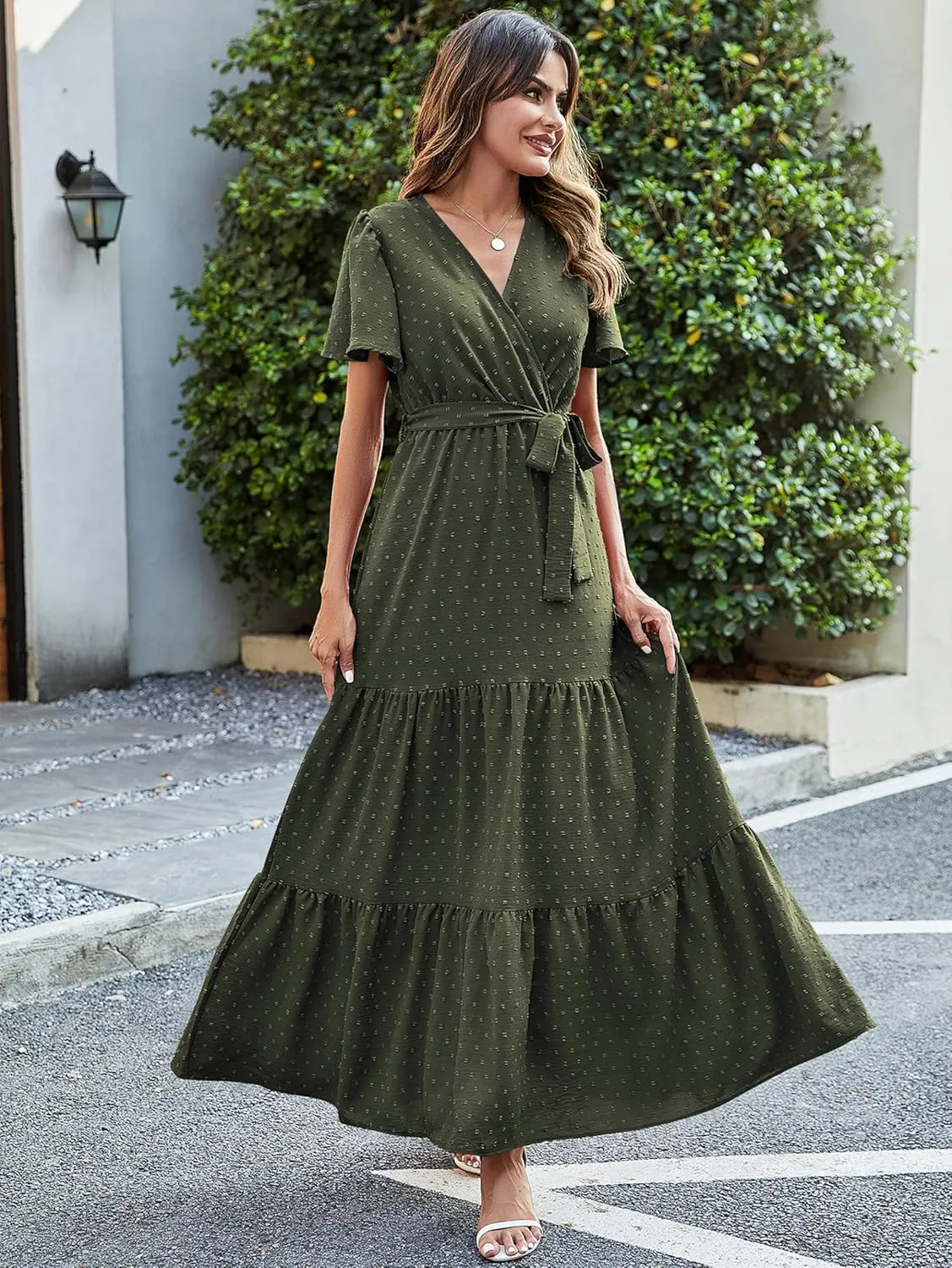 MASCOMODA Womens Boho Swiss Dot Maxi Dresses Wrap V Neck Flutter Short Sleeve Solid Tie Belt A Line Tiered Flowy Long Dress