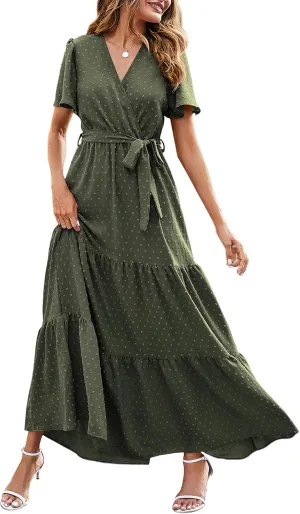 MASCOMODA Womens Boho Swiss Dot Maxi Dresses Wrap V Neck Flutter Short Sleeve Solid Tie Belt A Line Tiered Flowy Long Dress