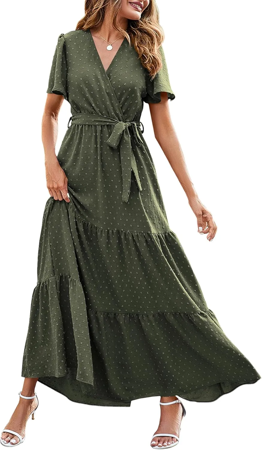 MASCOMODA Womens Boho Swiss Dot Maxi Dresses Wrap V Neck Flutter Short Sleeve Solid Tie Belt A Line Tiered Flowy Long Dress