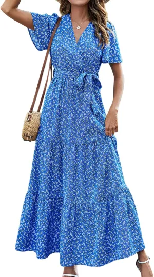 MASCOMODA Womens Boho Swiss Dot Maxi Dresses Wrap V Neck Flutter Short Sleeve Solid Tie Belt A Line Tiered Flowy Long Dress