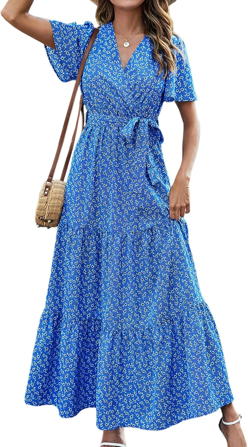 MASCOMODA Womens Boho Swiss Dot Maxi Dresses Wrap V Neck Flutter Short Sleeve Solid Tie Belt A Line Tiered Flowy Long Dress