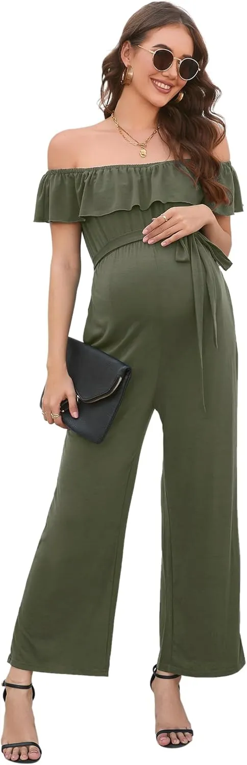 Maternity Jumpsuit Women's V Neck Short Sleeve Casual Jumpsuit High Waist Nursing Romper with Belt