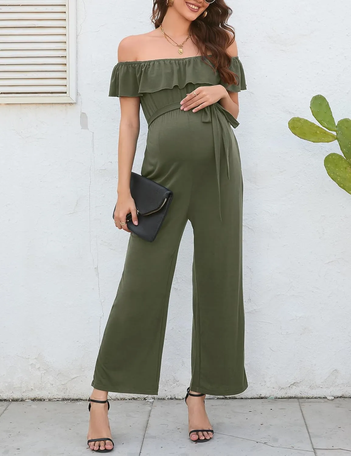 Maternity Jumpsuit Women's V Neck Short Sleeve Casual Jumpsuit High Waist Nursing Romper with Belt