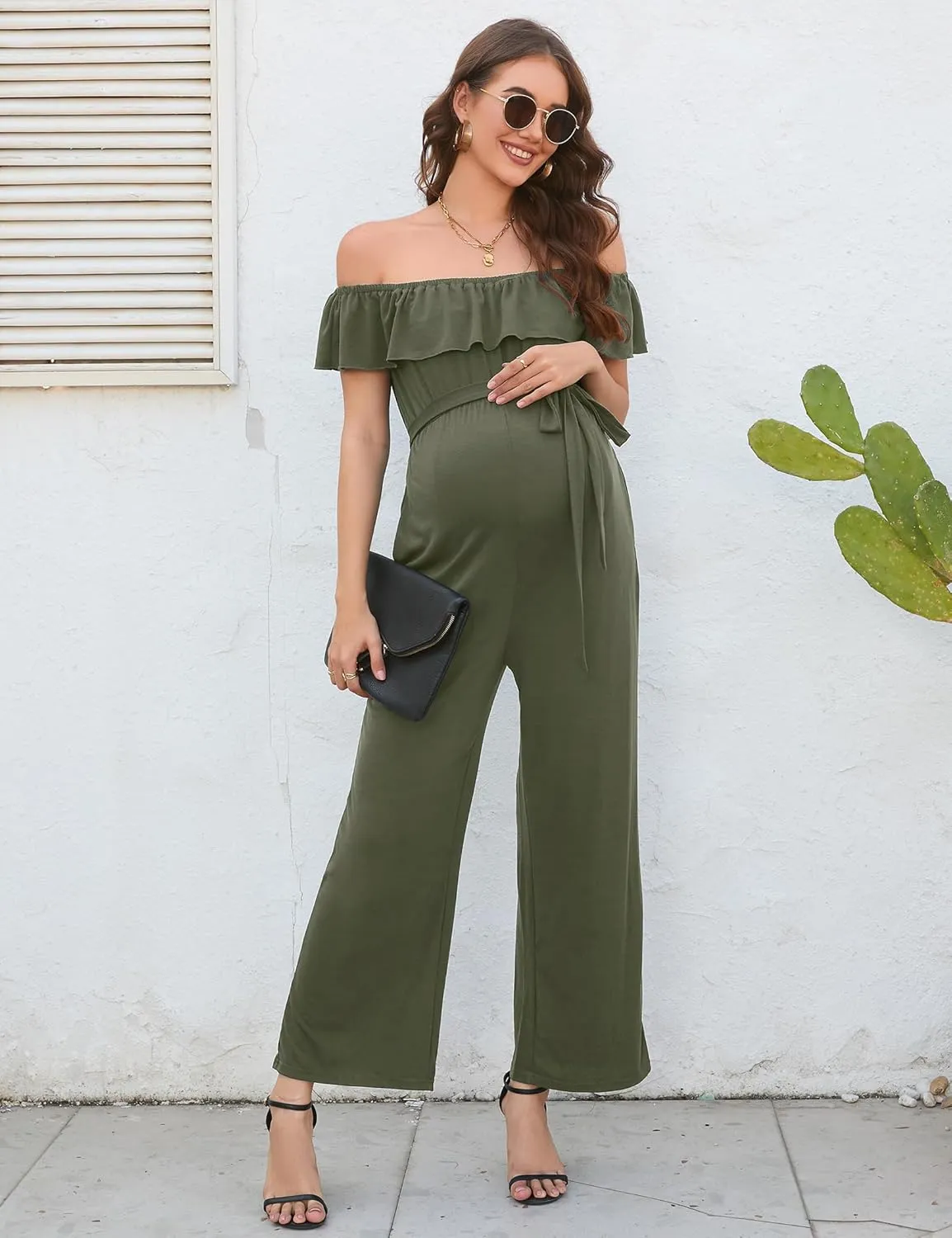 Maternity Jumpsuit Women's V Neck Short Sleeve Casual Jumpsuit High Waist Nursing Romper with Belt