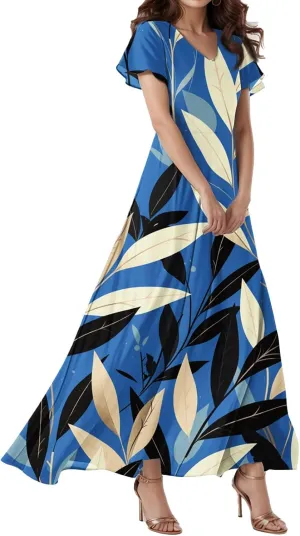 Maxi Dress for Women 2025 Summer Casual V-Neck Short Sleeve High Waist Big Swing Loose Long Beach Sundress