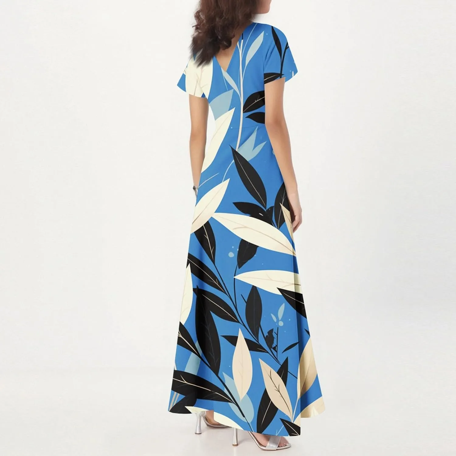 Maxi Dress for Women 2025 Summer Casual V-Neck Short Sleeve High Waist Big Swing Loose Long Beach Sundress